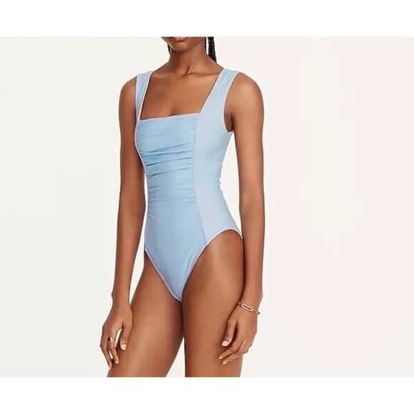 J Crew One Piece Swimsuit Womens Plus Size 24 Light Blue Square Neck Ruched Tank - Picture 2 of 8